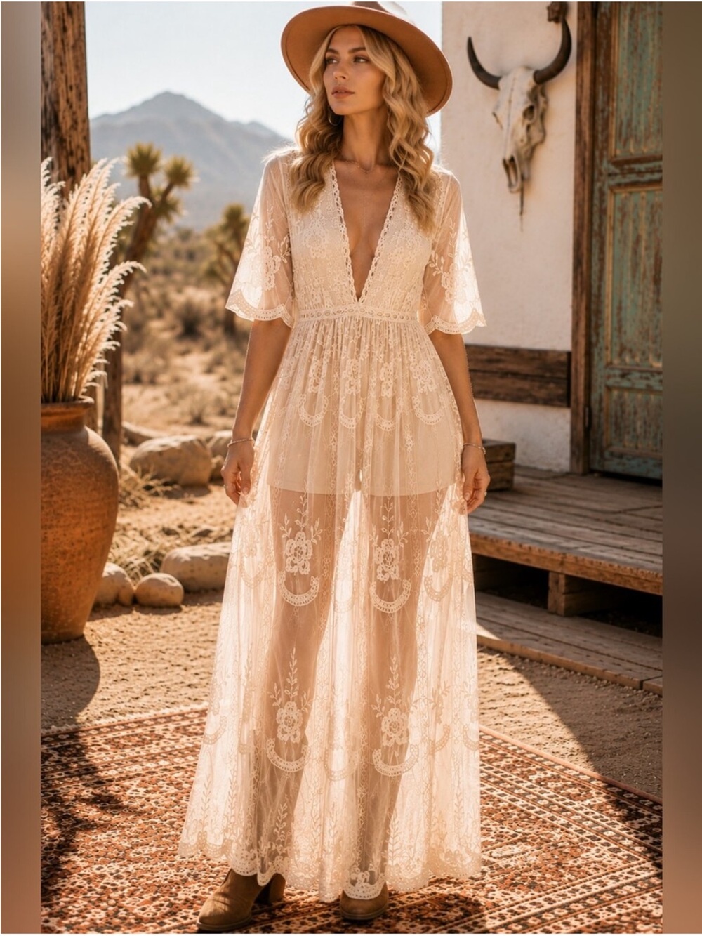 Socialite Ivory Embroidered Lace Maxi Dress XL Boho Wedding Shower Bridal Guest